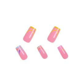 SINHOT Square Press on Nails Medium - Colorful Fake Nails Glossy Glue on Nails Rainbow Stripes Acrylic Nail Supplies Squoval Artificial Nail Art French Tip False Nails with Design DIY 24 pcs