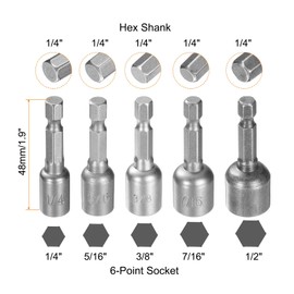 HARFINGTON 1set(5pcs) Hex Nut Driver Drill Bit 1/4,5/16,3/8,7/16,1/2" 6-Point Socket 1/4" Hex Shank Magnetic Nut Setter Quick-Change Nut for Power Drills Impact Drivers, Silver Tone