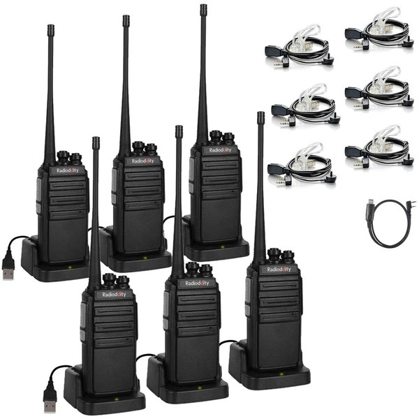 Radioddity GA-2S Long Range Walkie Talkies UHF Two Way Radio for Camping/Security/Business with Micro USB Charging + Air Acoustic Earpiece with Mic + 1 Programming Cable (6 Pack)