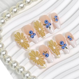 24Pcs Summer Fruit Press on Nails Medium Almond Fake Nails Lemon Blueberry Designs Full Cover Stick on Nails Artificial Cute Nails White French Tip False Nails for Women Girls Acrylic Nail Art Decor