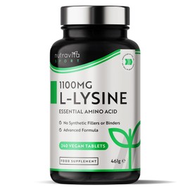 Nutravita L-Lysine 1100mg High Strength - 240 Vegan & Gluten Free Tablets (8 Month Supply) - Cold Sore Treatment, Essential Amino Acid Supplement - Normal Growth and Muscle Turnover - Made in The UK - Nutravita