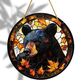 8x8 inch Charming Black Bear Autumn Acrylic Stained Glass Window Hanging Sun Catcher Decor Stained Panel Hangings Wall Art Decor, for Friends and Family (Black Bear)