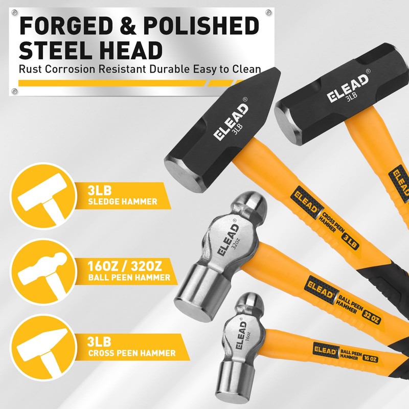 ELEAD 6-Piece Mallet Hammer Set, Fiberglass Handle Forge Steel Head,