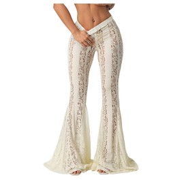 Milumia Women's Floral Lace Sheer Flare Pants Elastic Low Waist Skinny Flowy Party Bell Bottoms Trousers White Large