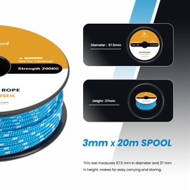 Abma Cord Polyester Rope 3 mm x 20 m Rope Braided Cord Tear-Resistant for Outdoor, Boat, Mooring, Tent, Garden - Blue/White