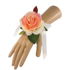 Angel Isabella Wrist Corsage(XLWC001-RSPK) with Pearl Wristband-Artificial Roses Hydrangea (Peach-Pink)