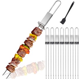 SHIKORI Kabob Skewers,13 inch Metal Skewers for Kabobs with Push Bar Skewers for Grilling Double Fork Anti-Roll Kebab skewers Stainless Steel Flat BBQ Skewers for Meat (8 Pcs)