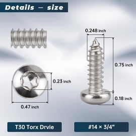 #14 x 3/4" Pan Torx Head Self Tapping Screws for Wood, 304 Stainless Steel 18-8, Full Thread, Torx Drive Head Sheet Metal Tek Screws, 50 pcs