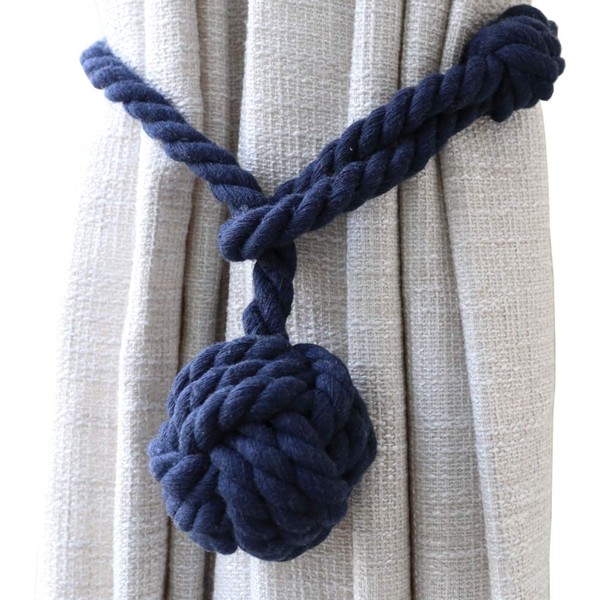 JQWUPUP Rustic Curtain Tiebacks - Outdoor Curtain Holdbacks Holders - Cotton Drape Tie Backs Rope for Curtains (Navy Blue, 2 Pack)