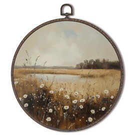 XNXLDYLH Vintage Wildflower Round Framed Wall Art Decor, Rustic Farmhouse Cottagecore Antique Hanging Wall Decor, Fall Neutral Country Landscape Canvas Prints Wall Art Pictures Paintings, 10x10 Inch
