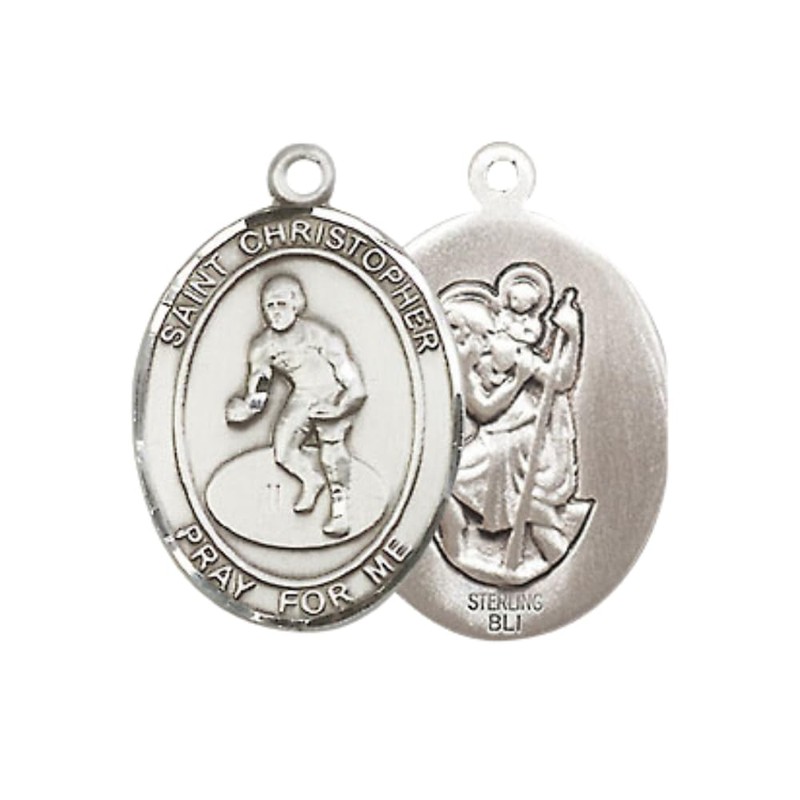 Medium Mens Oval Sterling Silver Saint Christopher Wrestling Medal Pendant