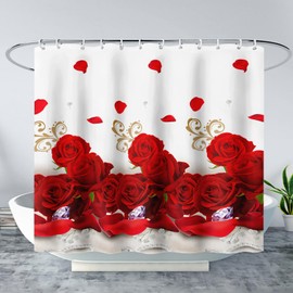 AILONEN Rose Flower Shower Curtain, Red Rose Bath Curtain for Girls, Romantic Flower Bath Curtain 72" W x 72" H Polyester Waterproof with 12 Hooks