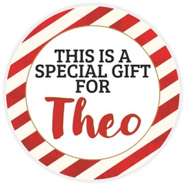 This is a Gift for Theo - Circle Sticker Decal 3 Inch - Candy Cane Merry Christmas Gift Tag Present Tree Holiday Custom Name Santa Claus