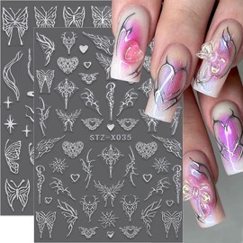 4 Sheets Y2K Butterfly Nail Stickers, Chrome Silver Metal Butterflies Heart Wings Nail Stickers 3D Abstract Lines Hollow Hearts Star Nail Stickers for Women Nail Design Nail Accessories Nail Art