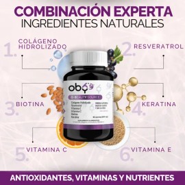 Oby Colageno Hidrolizado con Resveratrol, Biotina, Keratina y Vitamina E y Vitamina C | Suplemento Antioxidante Vitybell para Piel, Cabello y Uñas | 60 Cápsulas Premium | Vitaminas Mujer y Hombre