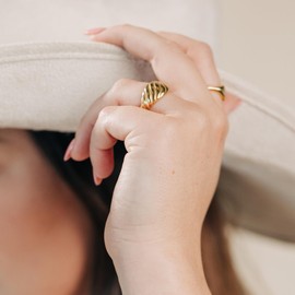 Sincerely Hooked 18K Gold Plated Croissant Braided Ring, Stainless-Steel Base Chunky Twisted Signet Dome Ring Wedding Minimalist Jewelry Size 6 to 8, 6, 18K Gold Plated Stainless Steel, No Gemstone