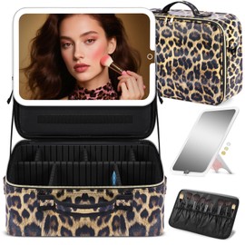 saiggnyy Large Travel Makeup Bag with LED Mirror, 3-Color Stepless Dimming Stand Mirror Detachable, with Adjustable Divider, Makeup Brush Holder Storage (Leopard)