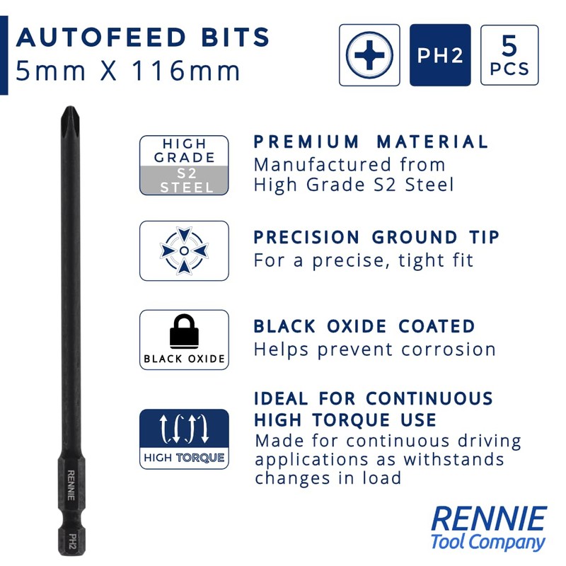 5 x Rennie Tools 116mm Long PH2 Compatible with Hilti
