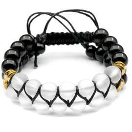 ElisaJewelryArt - Natural Black Onyx And Matte Quartz Beaded Bracelet Genuine Gemstone Protection Stone Crystal Macrame Bracelet Unisex Bracelet (WOMEN, Matte Quartz)