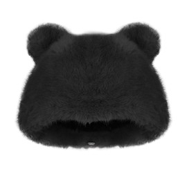 Womens Plush Bear Ear Bucket Hat Faux Mink Fur Panda Animal Ear Hat Wide Brim Winter Warm Outdoor Bucket Hat Fisherman Cap Black