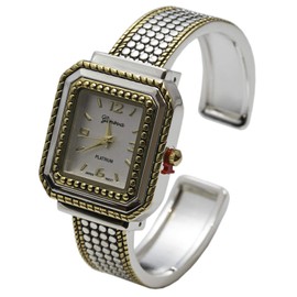Blekon Collections Japanese Quartz Womens Analog 28mm Casual Rectangular Case Slightly Rough Textured Cuff Bangle Watch (Two-Tone)