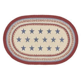 VHC Brands Celebration Braided Jute Rug, Non-Skid Pad, Door Mat, Oval, Red Creme Blue, 24x36