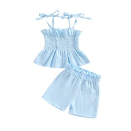 Geagodelia Toddler Baby Girl Linen Clothes Sleeveless Ruffle Spaghetti Strap Tank Tops+Stretchy Shorts Summer Solid Smoking Outfits (Blue, 18-24 Months)