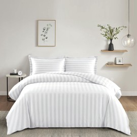 Imperial Rooms Duvet Cover Sets – Stripes Satin Quilt Cover Bedding Sets with Pillowcase, Reversible Ultra Soft Hypoallergenic Microfiber Bed Covers (White, Single)