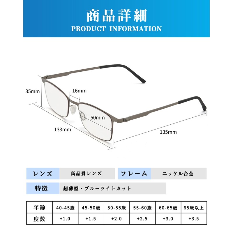 [GO!GRM] 老眼鏡 超薄型 超軽量 リーディンググラス ブルーライトカット おしゃれ メンズ レディース 兼用