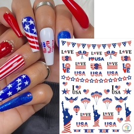 8 Sheets Independence Day Nail Stickers for Nail Art USA 4th of July Firework Nail Decals 3D Self-Adhesive USA Flags Heart Star Eagle Nail Design Supplies for Memorial Day DIY Patriotic Nail Decor