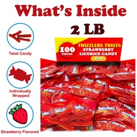 Twizzles Twists Strawberry Flavor, 2 Lbs Bulk, Individually Wrapped Chewy Licorice Candy, Mini Snack Size Treats for Parties Birthday and Snacking, Appx 100 Count