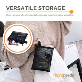 Flightmode Mesh Bag, Zipper Bags for Makeup Travel, Portable Cosmetic Case Toiletry Pouch Packing Organisers Black, 6 Pieces