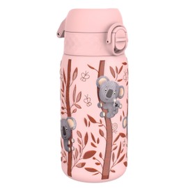 Ion8 Lightweight Steel Kids Water Bottle, 400ml/13oz, Non-Insulated, Leak Proof, Easy to Open, Secure Lock, Dishwasher Safe, Fits Cup Holders, Carry Handle, Metal Water Bottle, Pink, Baby Koalas