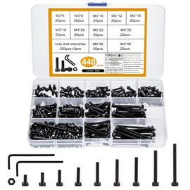440 Pieces M3 Screw Set, Black Hex Bolts with Nuts and Washers, Screws Nuts and Washers Assortment, Hex Screw Set with 2 Pieces Wrenches