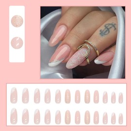 Long Almond False Press On Nails 24PCS, White Slanting French Tip Nails with Nail File, Prep Pad, Design Glue On Nails Package for Home Manicure for Lady