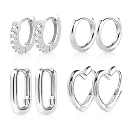 ALEXCRAFT 925 Silver Hoop Earrings Heart, 4 Pairs Multipack Silver 925 Hoop Earrings Small Earrings Set, 14 Carat Real Gold-Plated Cartilage Earring Heart Shape Huggie Hoop Earrings Set Small Women