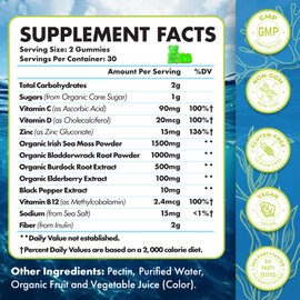 Sea Moss Gummies, 3100mg Irish True Sea Moss Seamoss Gummies for Women & Men with Bladderwrack, Burdock Root, Elderberry Vitamin C and Zinc for Detox Cleanse, Immune, Skin, Digestive, Organic, 120Ct