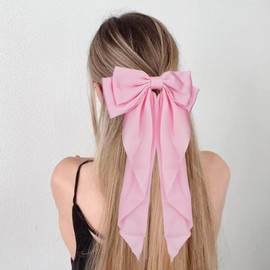 JOYRUBY Pink Bow Purple Hair Bow Clips, 2PCS Silky Satin Large Hair Bows for Women, Long Tail Big Bows for Girls, Pink Coquette Bows Hair Accessories