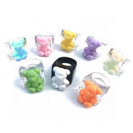 2/6Pcs Cute Candy Color Resin Tiny Gummy Bear Ring Sweet Resin Acrylic Heart Ring Set for Women Party Birthday Jewelry Gifts (E 8Pcs)
