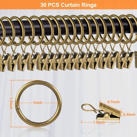 30 PCS Antique Brass Clips Curtain Hooks for Curtain Rod, This Small Drapery Curtain Ring with Clips Hook Fit Up to 0.4~0.75 -inch Drapery Panel
