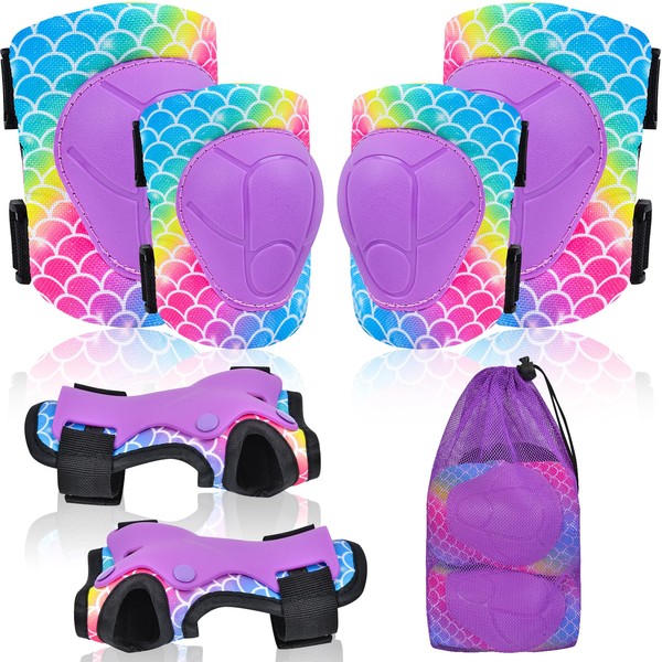 Knee Pads for Kids Elbow Pads Wrist Guards with Drawstring Mesh Bag, 7 in 1 Sport Protective Gear Set Adjustable for Girls Boys for Skating Cycling Rollerblading Scooter, 3-8 Years, Purple Mermaid