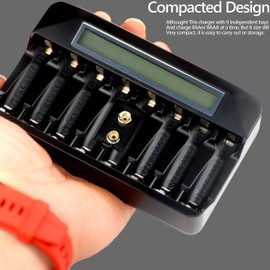 AA AAA 9V NiMH Battery Charger 9 Slots Independent Fast Charger 500mA Impulse Charging, Wide LCD Screen Display USB-C 5V Input (1Charger+8AA Battery)