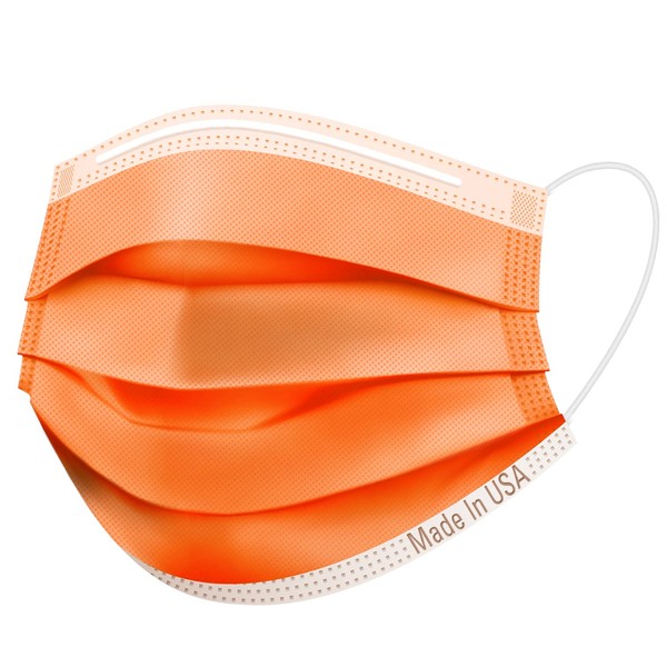 CW Horizon Made in USA Disposable Face Mask (50 Pack), 3 Layers Non-Woven Fabric Filtration, Breathable, Elastic Spandex Ear Loops, Comfortable Ergonomic Design (Orange)
