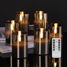 Grey Glass Flameless Votive Candles with Remote Timer, Real Wax Flickering LED Battery Candles Set of 6 Φ 2" H 3"