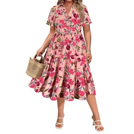 CARCOS Womens Plus Size Dresses 3X Pink Floral Elegant Short Sleeve Curvy Women Dress Collared Vneck Ruffle Summer Dresses with Pocket Button Up Hawaii Beach Sundress Vacation 3XL 22W 24W
