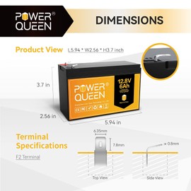 Power Queen 12V 6Ah LiFePO4 Battery, IP65 Protection Class, Deep Cycle Lithium Battery with Built-in 6A BMS & 2000+ Long Cycle Life Perfect for Kid Scooters, Power Tools, Marine Boats