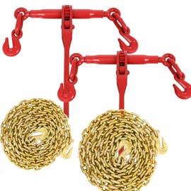 1/4" - 5/16" Ratchet Chain Binder 2600LBS with 1/4" X 12FT Binder Chain 3150LBS,with Grappling Hook,for Tie Down Heavy Loads to a Truck or Flatbed Trailer(2 Set)