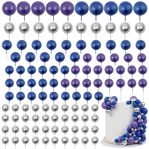 Acmee - 115 decoraciones para tartas de bolas, mini globos para decoración de tartas, bola de espuma, púas para cupcakes, decoración de tartas para fiestas de cumpleaños, bodas, baby shower (azul, morado, plata)