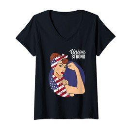 Womens Union Labor Day Shirts for Women Rosie the Riveter USA Flag V-Neck T-Shirt
