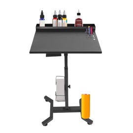 Adjustable Salon Table Station with Wheels, Portable Mobile Salon Tray, Black Iron Station with Storage Racks and Cup Holders, Height 26.77-36.22 Inches